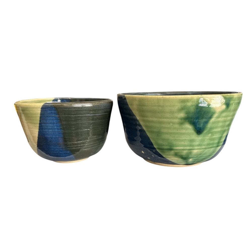 Handmade Signed Blue Green Glazed Bowls Set of 2